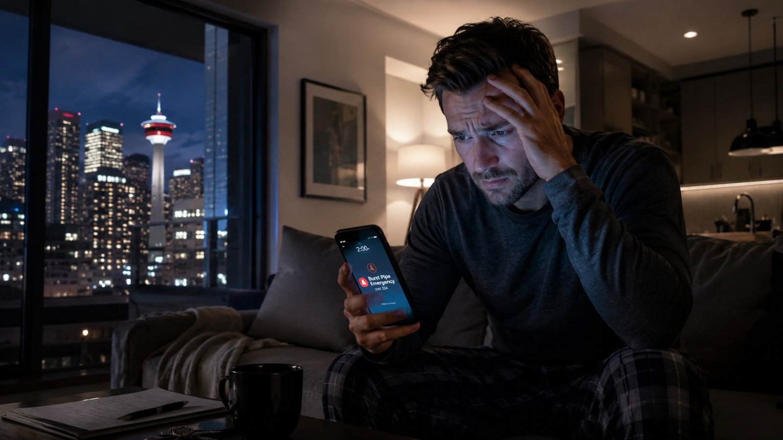 A worried man sits on a couch at night looking at a phone notification about a burst pipe.