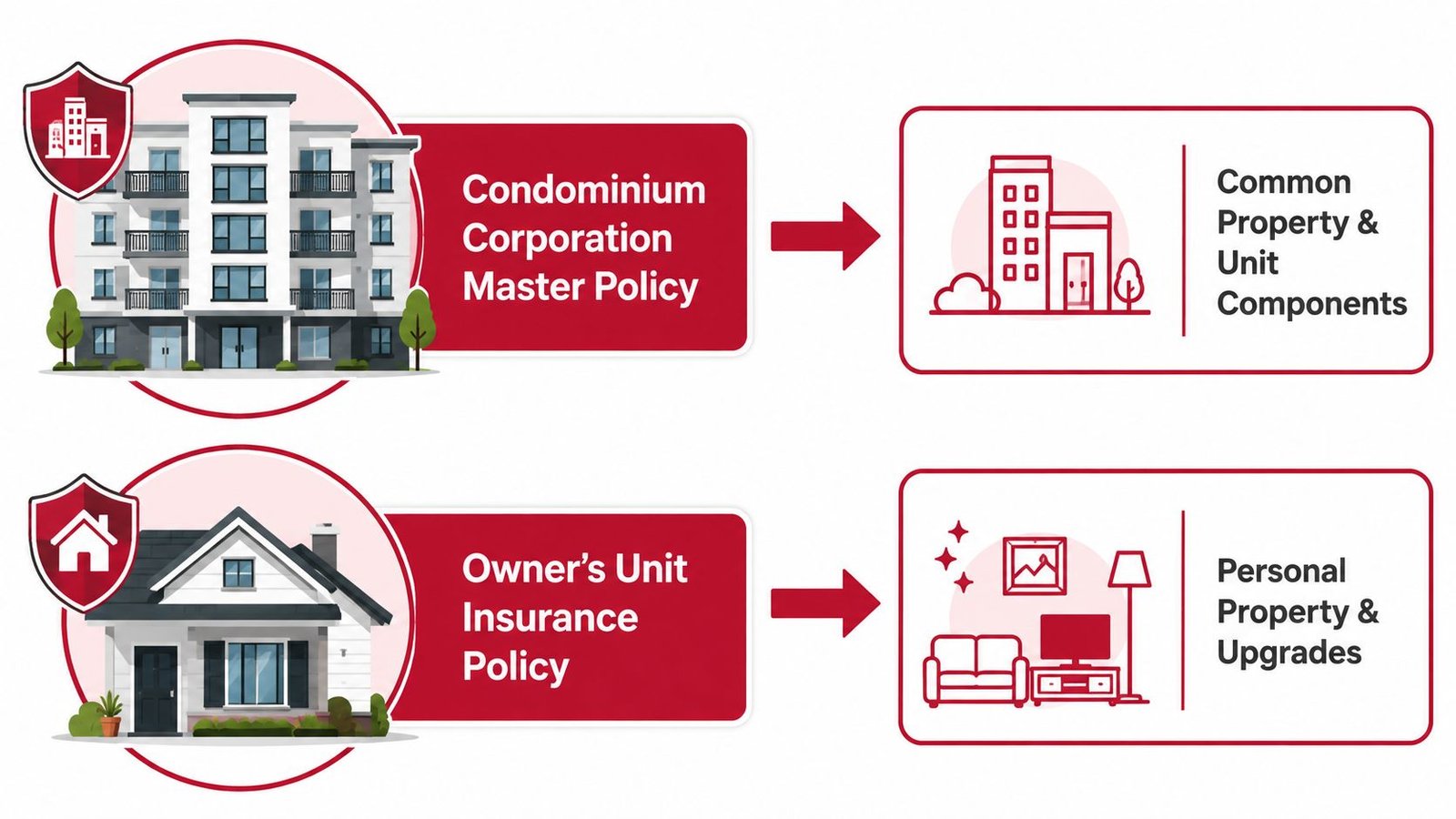 A diagram comparing Condominium Corporation Master Policy and Owner's Unit Insurance Policy coverage for property.