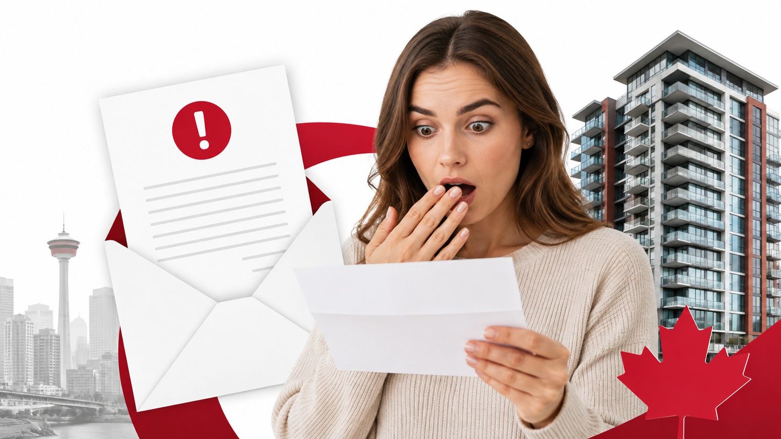 A shocked woman reading an important notice with the Calgary skyline and a condo building in background.