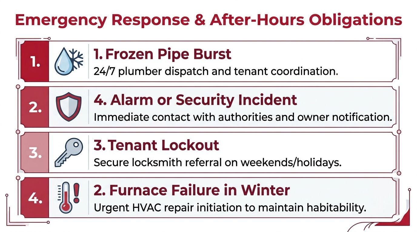 A list graphic outlining property management emergency response procedures for frozen pipes, security incidents, lockouts, and furnace failures.