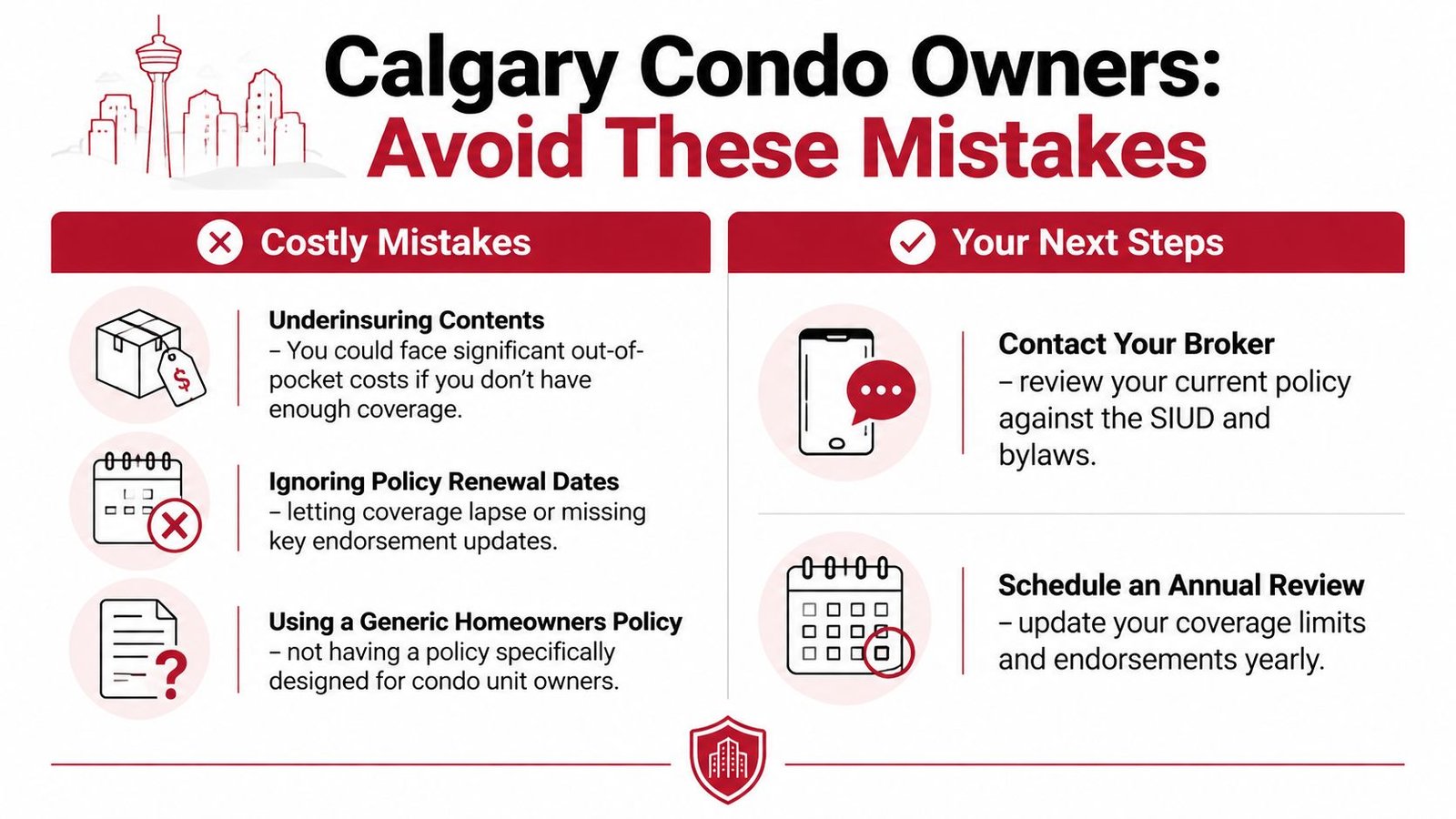 An infographic highlighting common Calgary condo insurance mistakes to avoid and recommended next steps for owners.