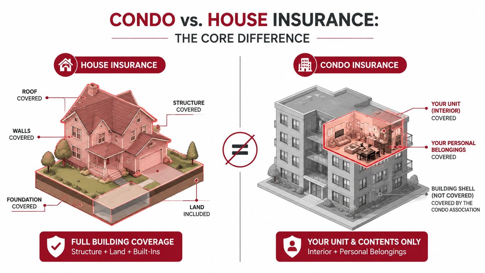 An infographic showing the core insurance coverage differences between a standalone house and a condo unit.
