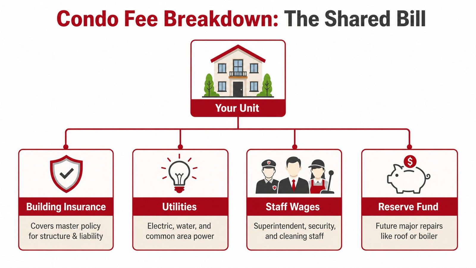 A diagram illustrating the four main components of monthly condo maintenance fees including insurance, utilities, staff wages, and reserve fund.