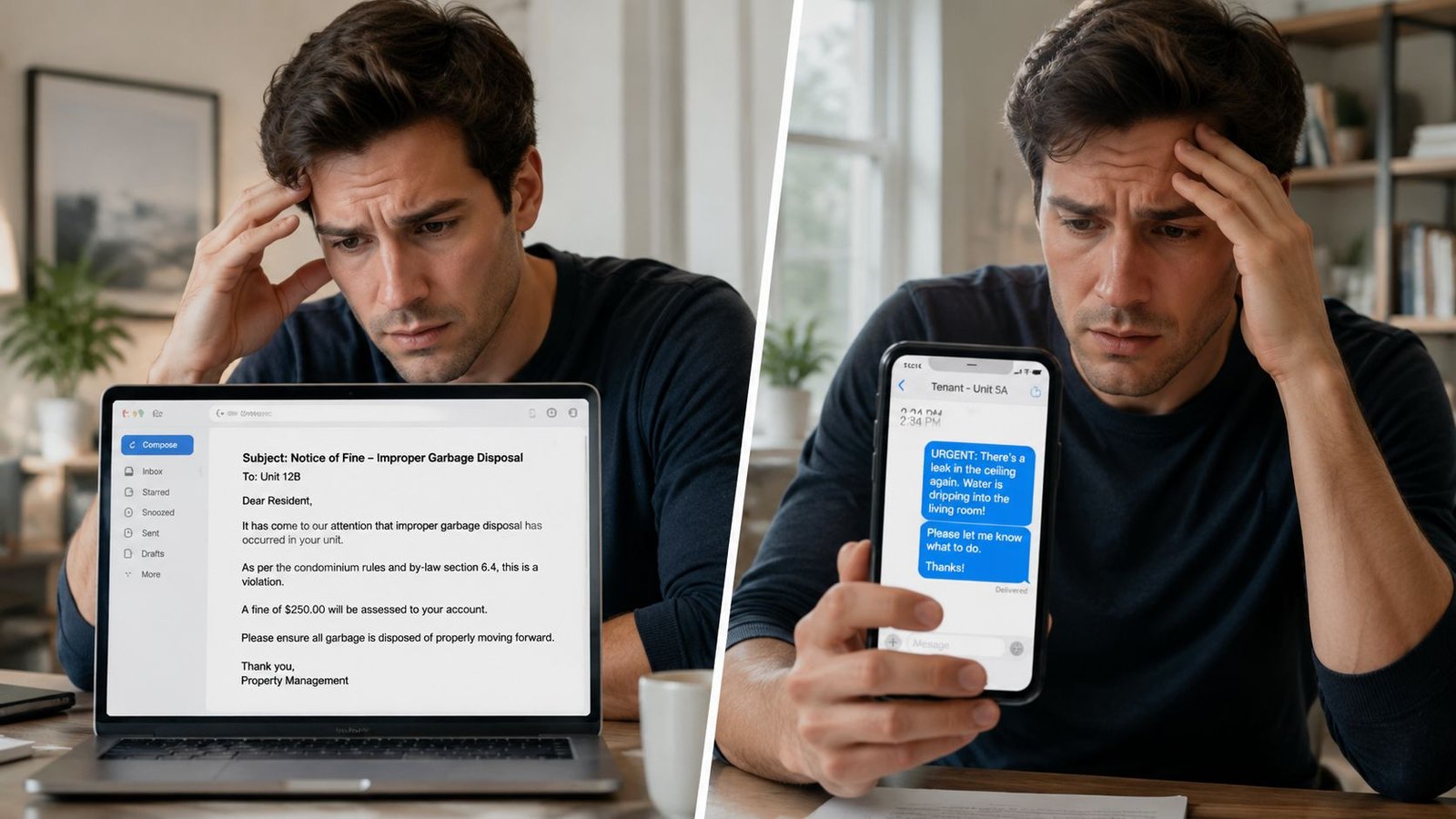 A stressed property manager reading a fine notice and a tenant's emergency maintenance text message.