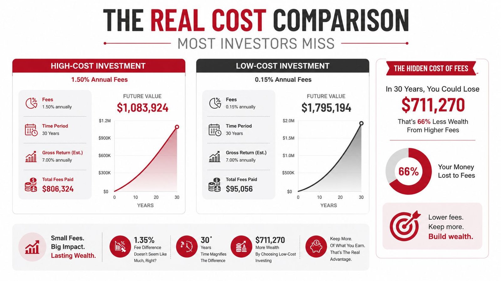 An infographic comparing the long-term wealth impact of 1.50% high-cost investment fees versus 0.15% low-cost fees over 30 years.