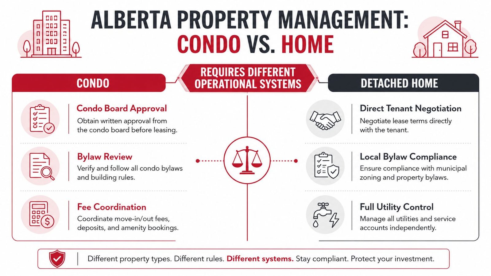 A comparison chart outlining key property management operational differences between managing Alberta condos and detached homes.