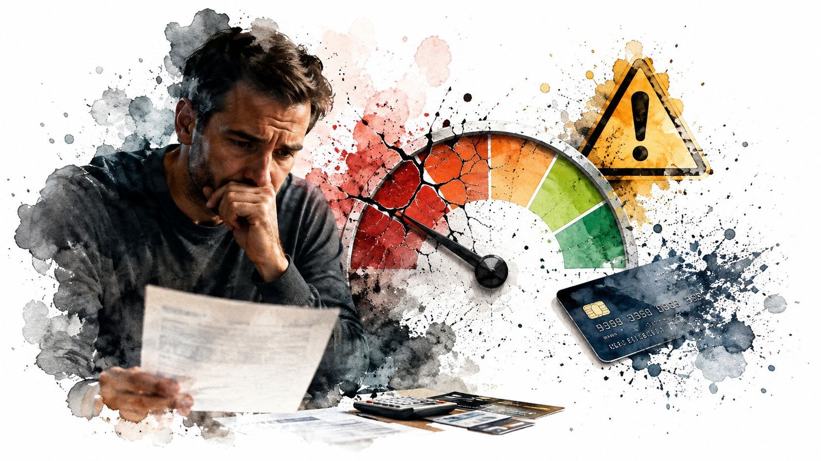 A concerned man reviewing financial documents near a credit score meter and a credit card.