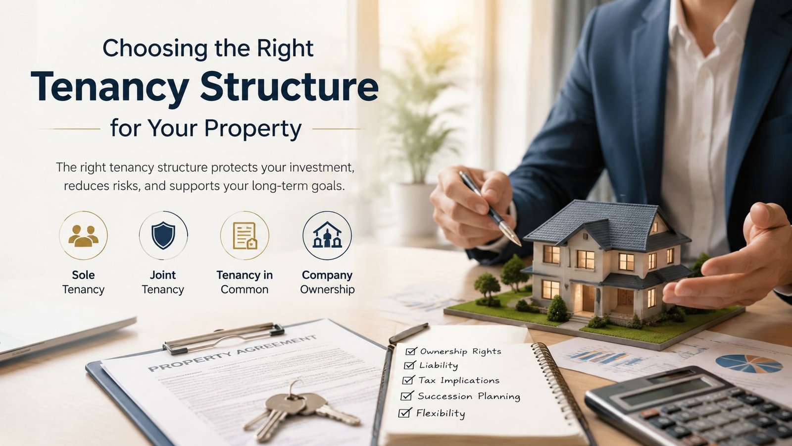 A professional advisor displaying four property tenancy structures on a desk with a model house and documents.