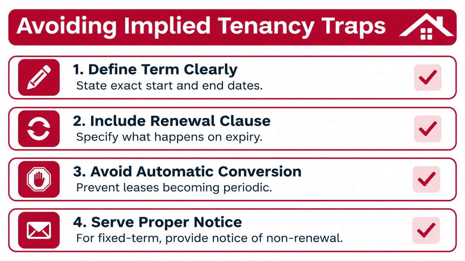 An infographic listing four tips to avoid implied tenancy traps in rental agreements, featuring clear action points.