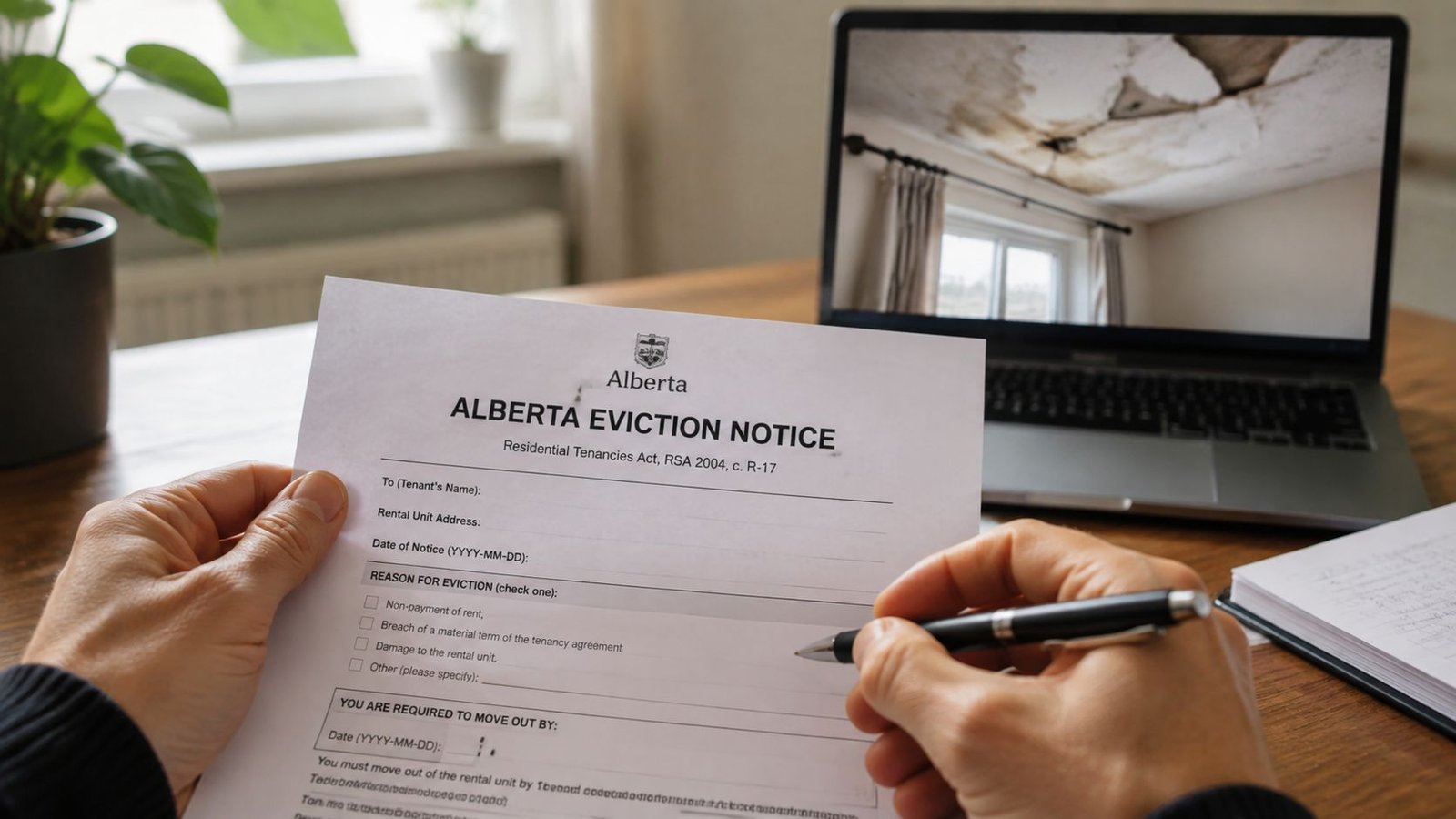 A person holding a printed Alberta eviction notice form with a laptop displaying a damaged ceiling nearby.
