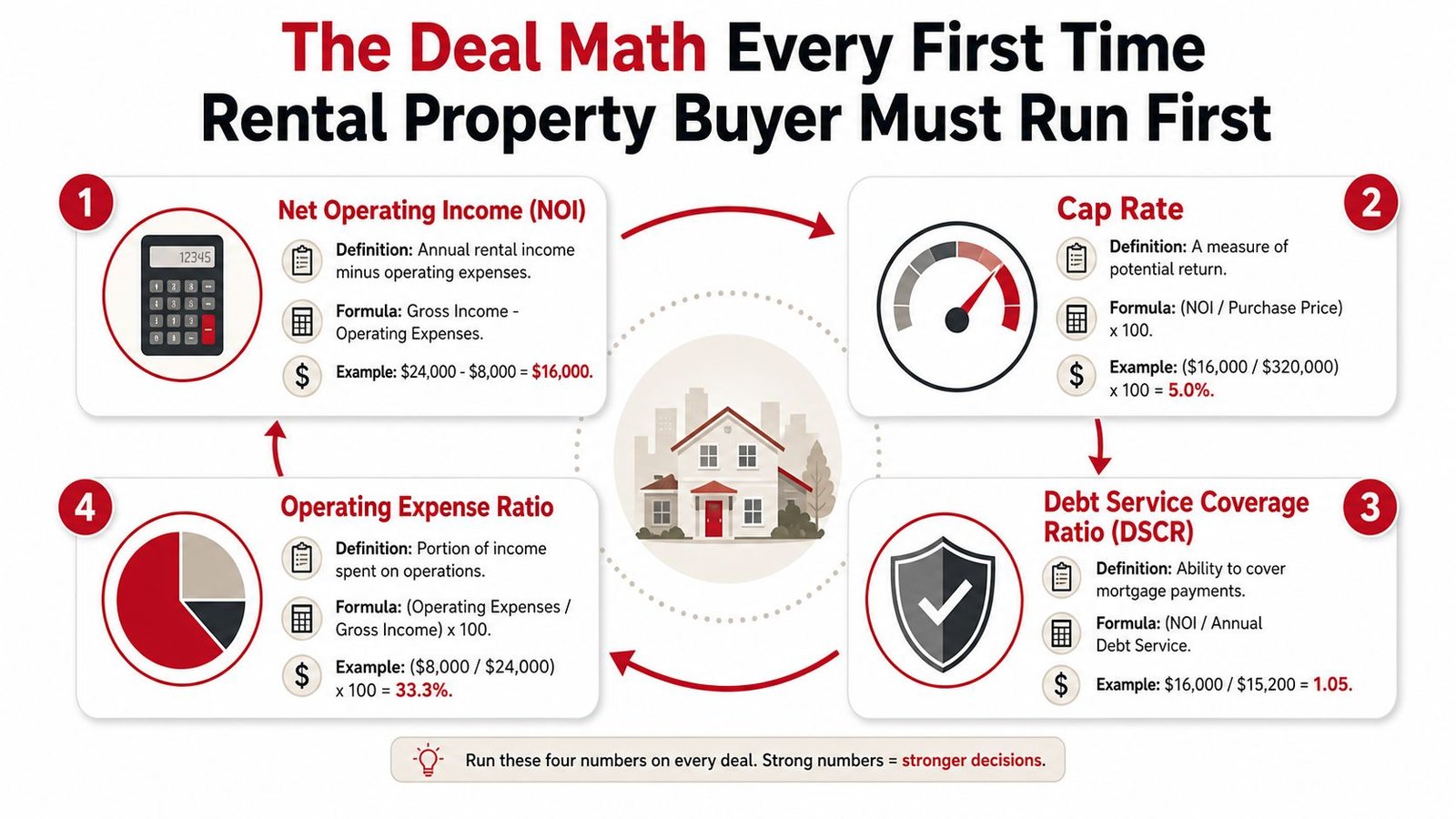 An infographic titled The Deal Math for first-time rental property buyers showing four essential real estate calculations.