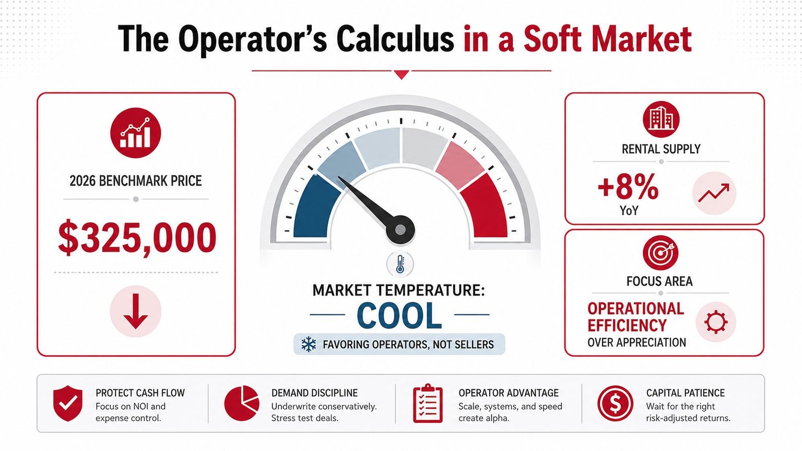 An infographic titled The Operator's Calculus in a Soft Market, highlighting market cooling and operational efficiency strategies.