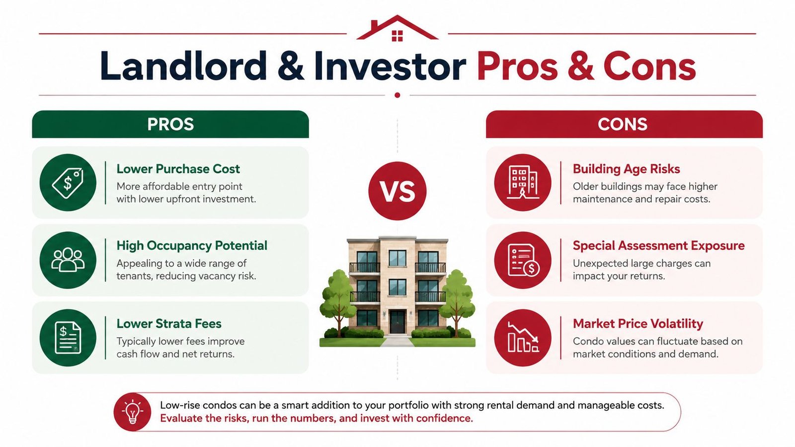An infographic showing the advantages and disadvantages of investing in low-rise condo rental properties.