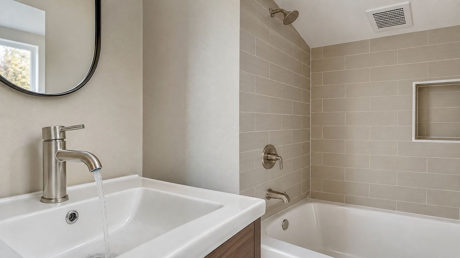 A modern bathroom vanity with a running faucet, white sink, and a tiled bathtub shower combo.