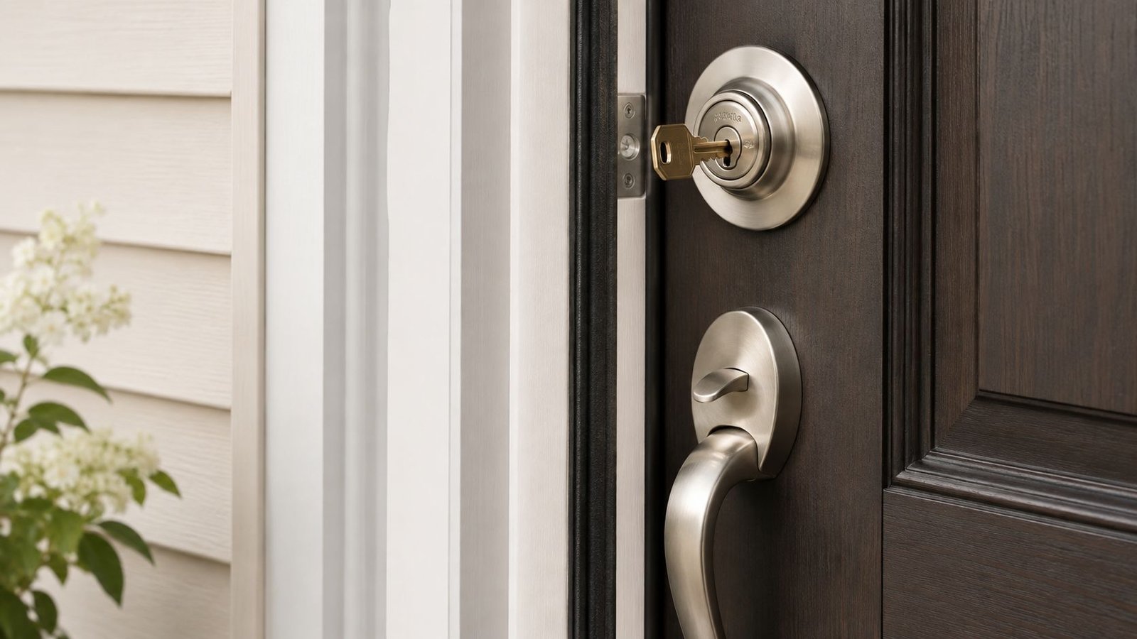 A close-up view of a dark wood entry door featuring a brushed nickel deadbolt and handle set.