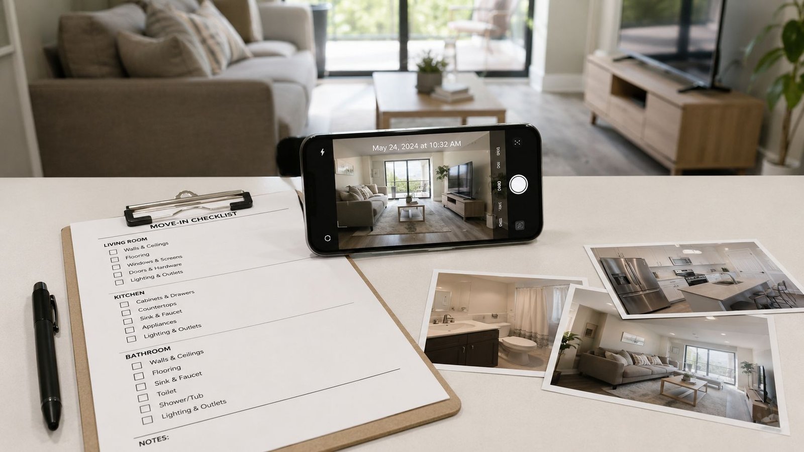 A move-in checklist on a clipboard with a smartphone displaying room photos and printed photos on a table.