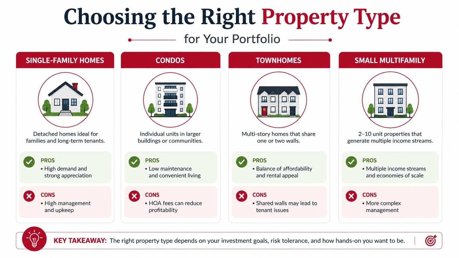 A comparison chart outlining the pros and cons of four different types of investment properties for portfolios.