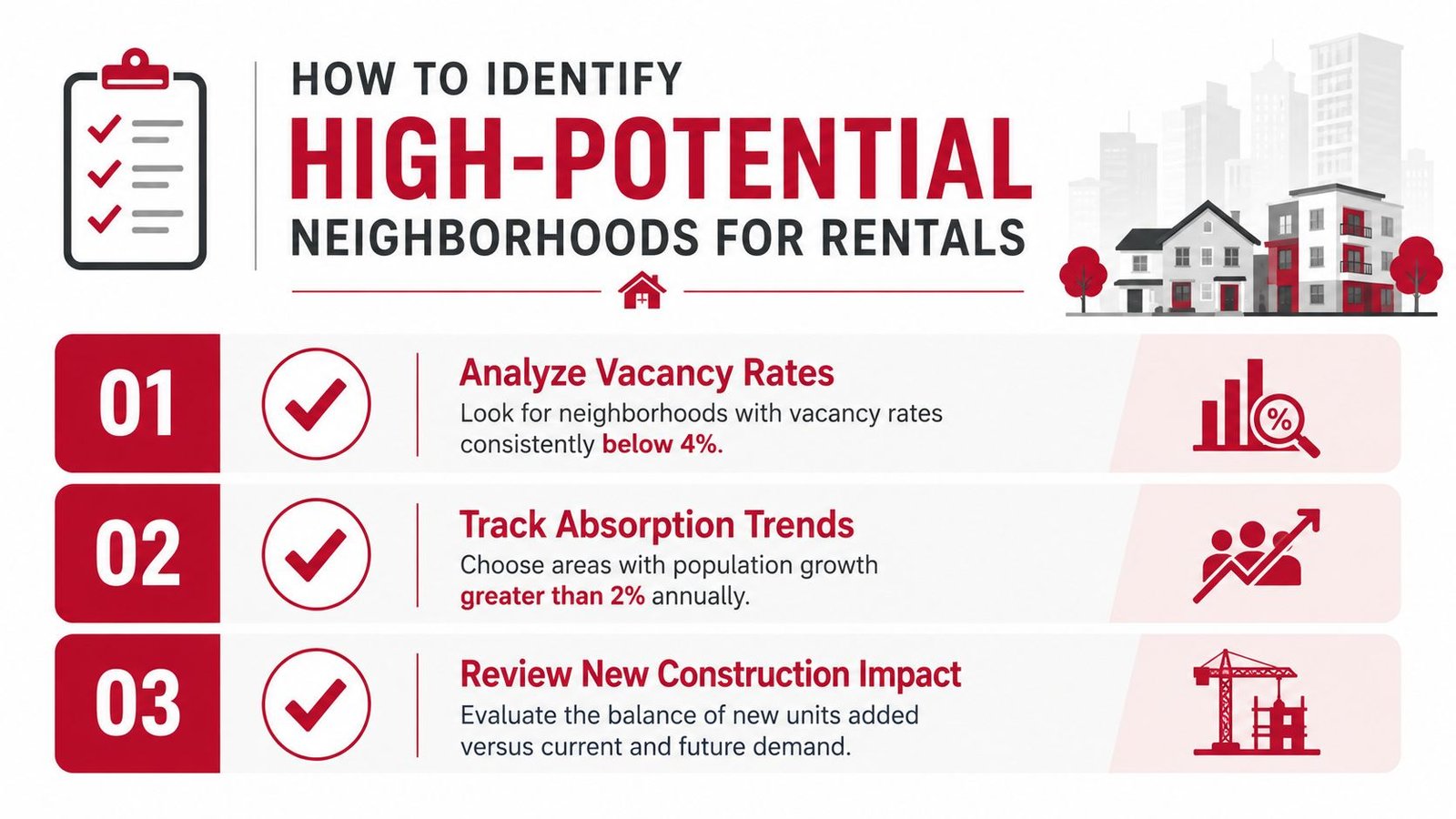 An infographic titled how to identify high-potential neighborhoods for rentals, listing three key real estate investment strategies.