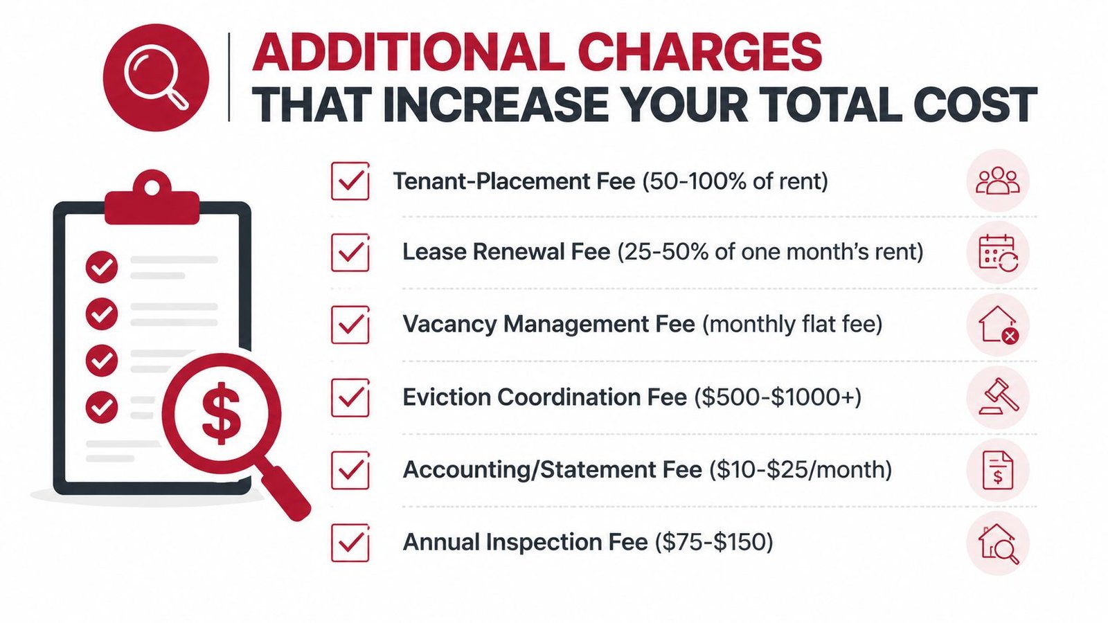 A checklist infographic titled Additional Charges That Increase Your Total Cost for property management services.
