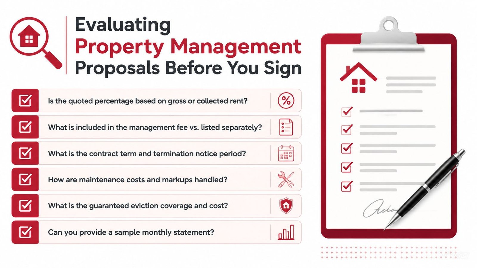 A checklist infographic titled Evaluating Property Management Proposals Before You Sign with six essential questions to consider.