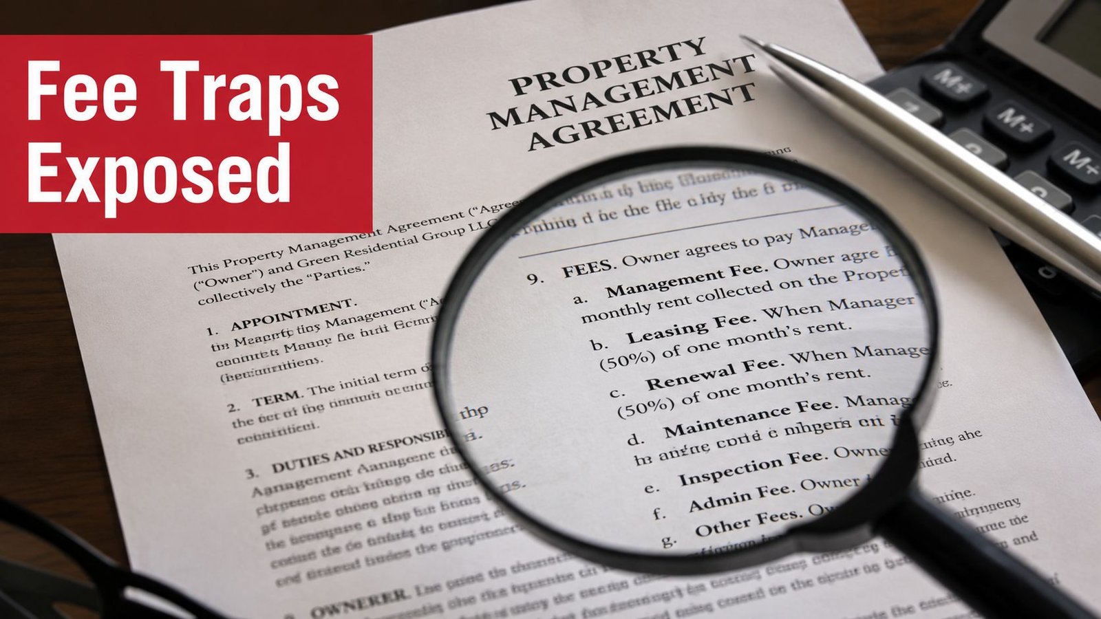 A magnifying glass focused on the fee section of a property management agreement document on a desk.