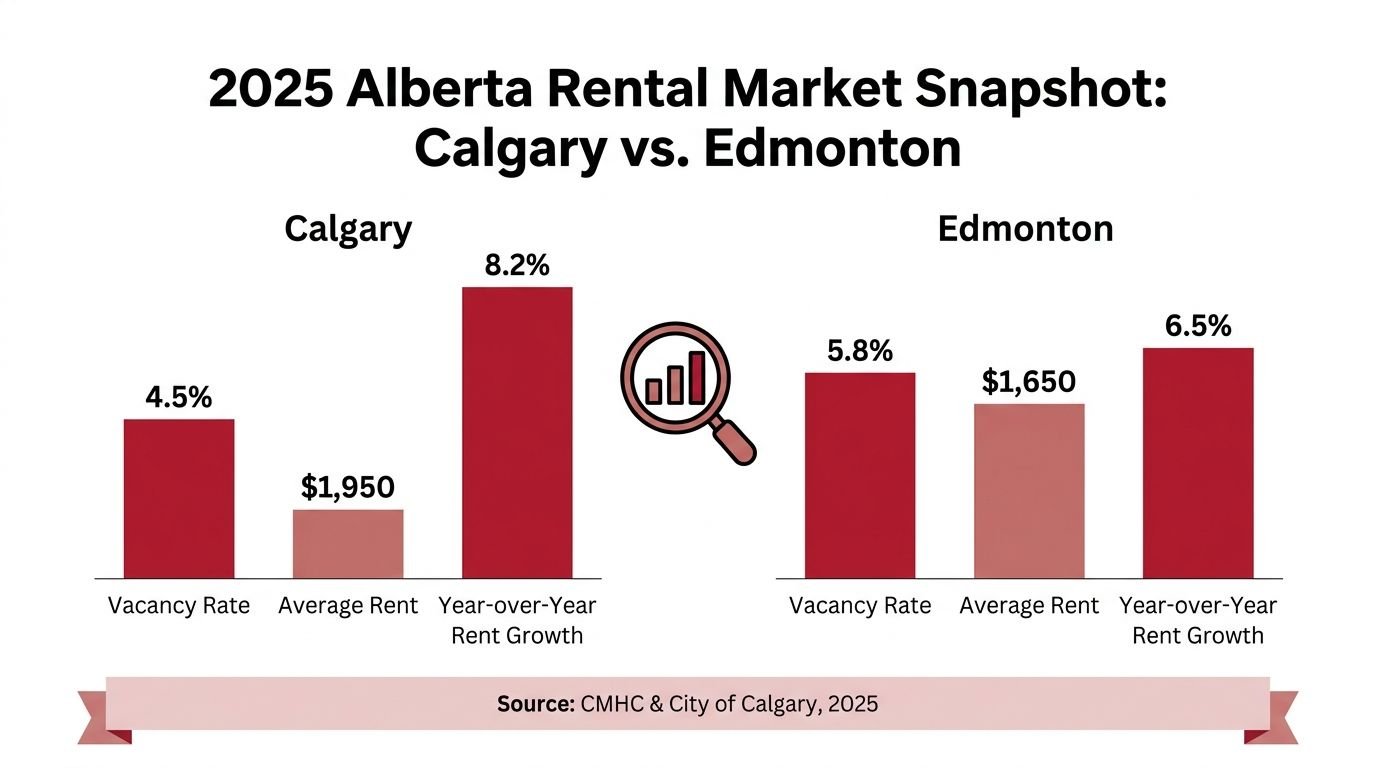 A 2025 rental market comparison chart between Calgary and Edmonton showing vacancy, rent, and growth rates.