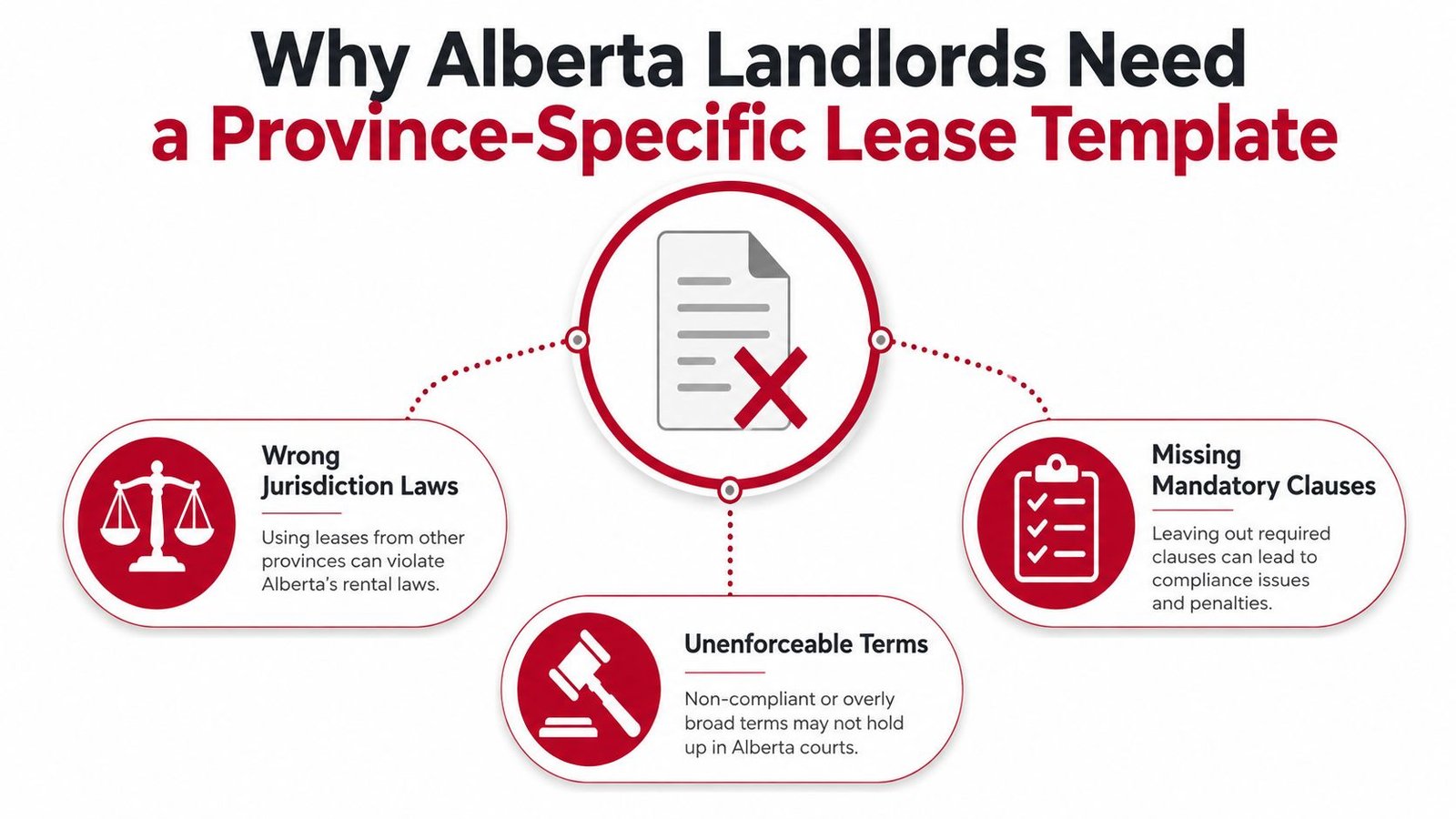 An infographic showing why Alberta landlords should use province-specific lease templates to ensure legal compliance.