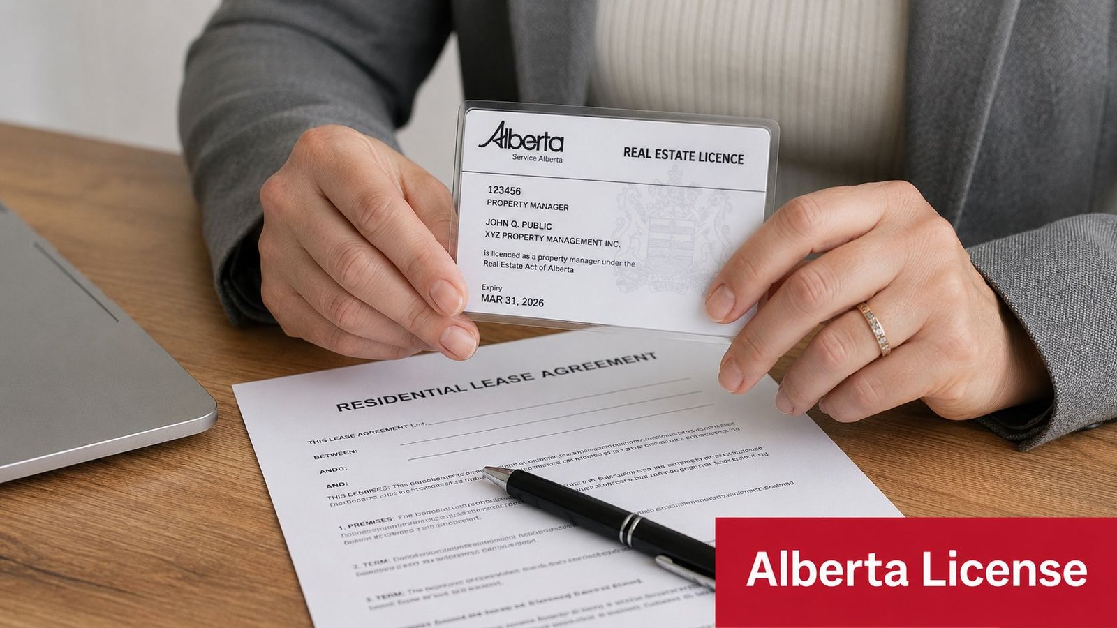 A person holds an Alberta real estate license card over a residential lease agreement document.