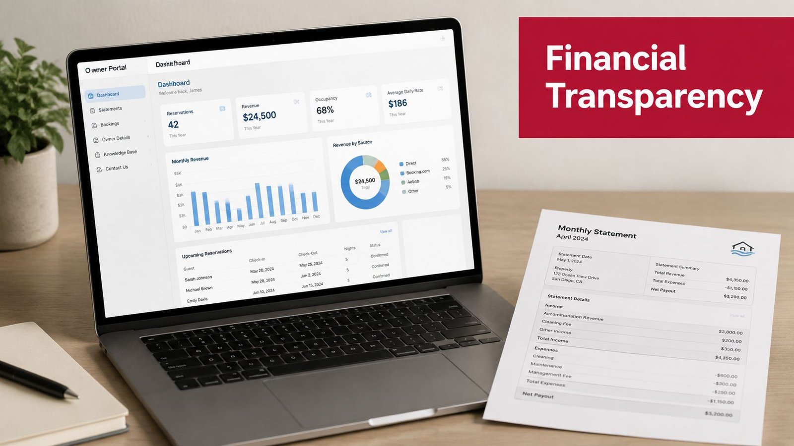 A laptop displaying an owner portal dashboard next to a printed monthly financial statement for property management.