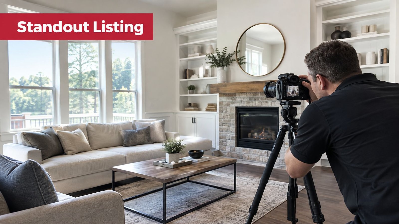 A professional real estate photographer uses a tripod and camera to capture a bright modern living room.
