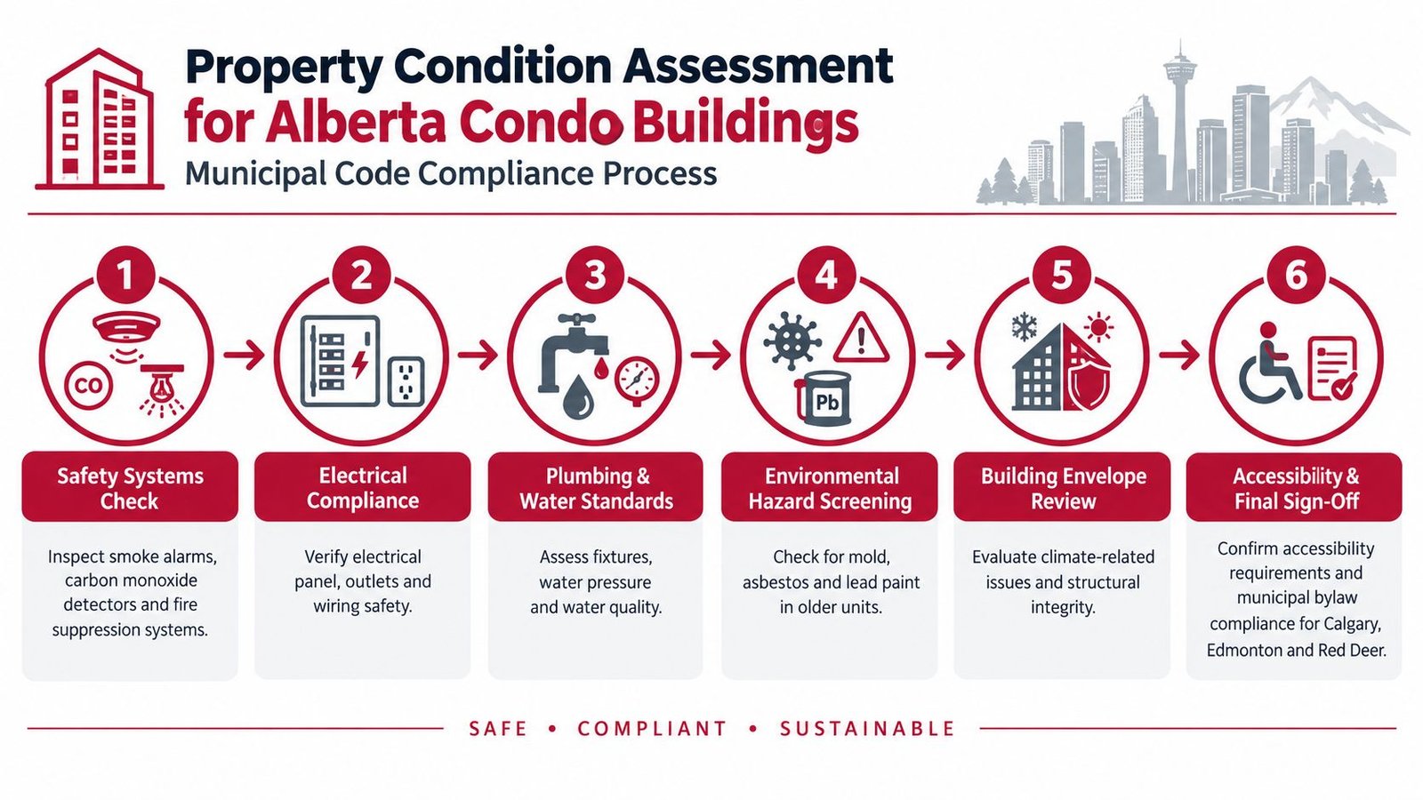A six-step infographic outlining the property condition assessment process for condominium buildings in Alberta, Canada.