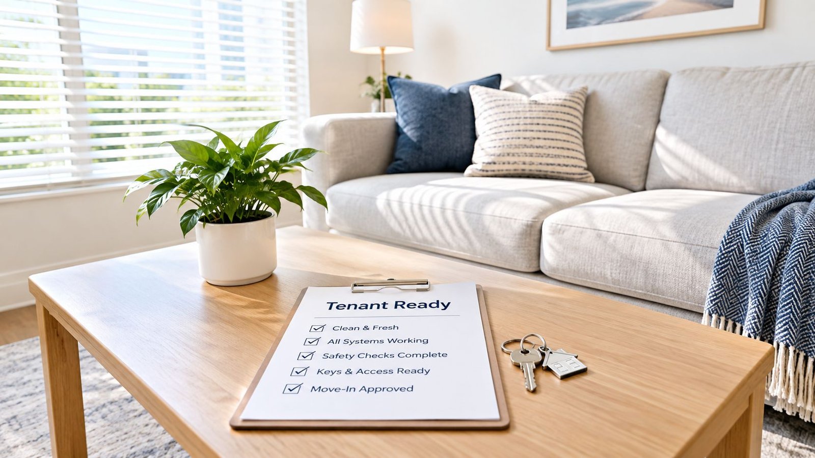 A clipboard with a Tenant Ready checklist sits on a coffee table next to a set of keys.
