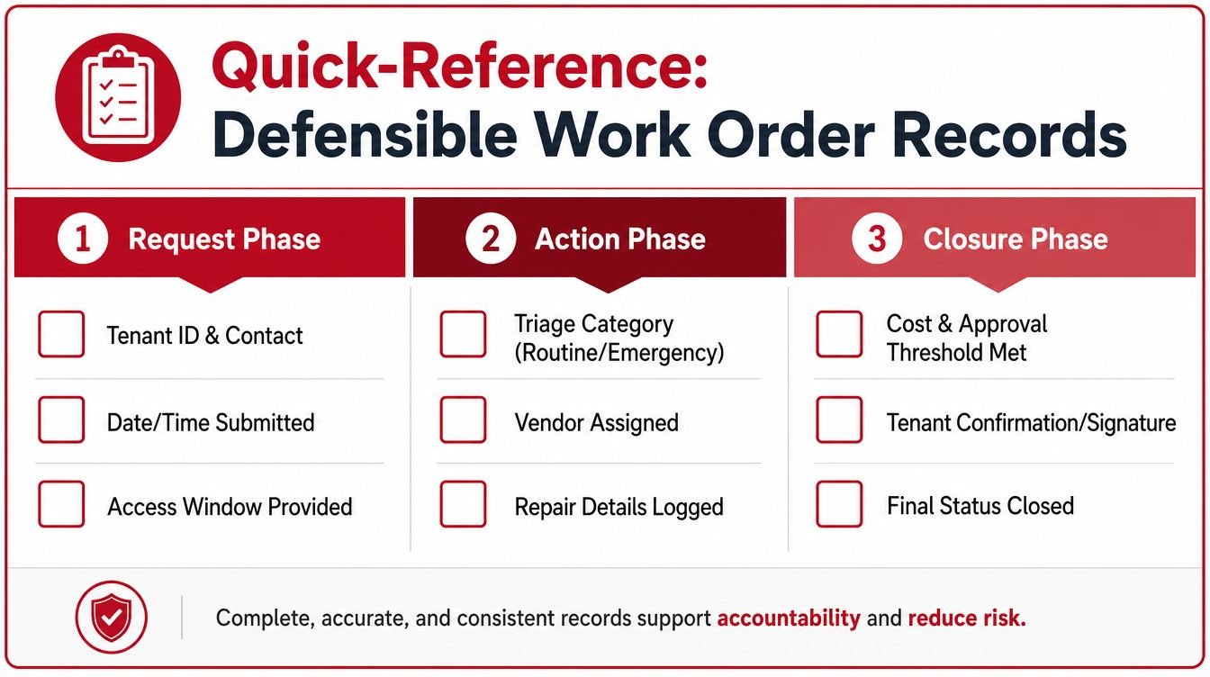 A checklist for maintaining defensible work order records, organized into request, action, and closure phases.
