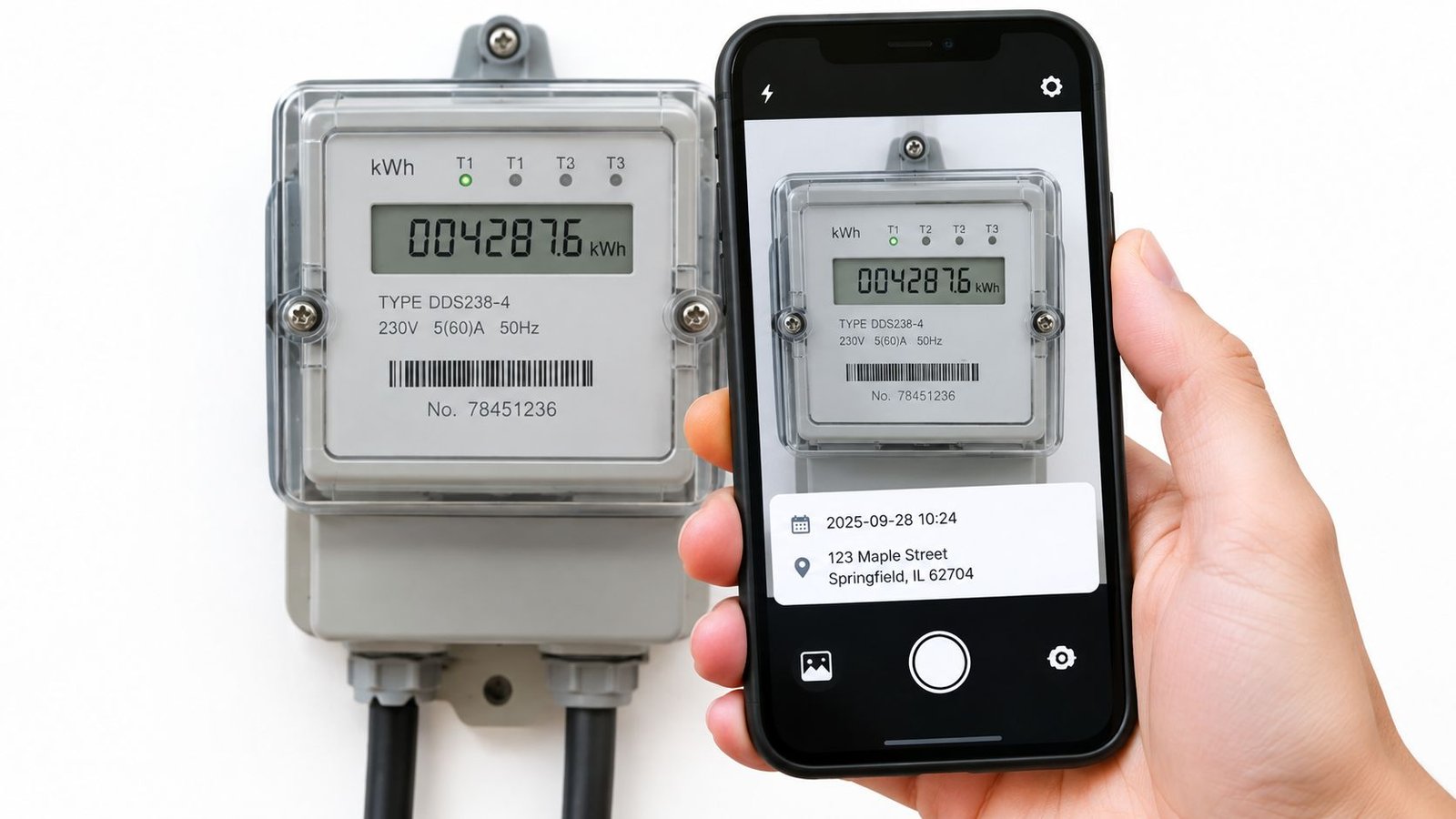 A hand holding a smartphone capturing a digital electricity meter reading for a move in checklist.