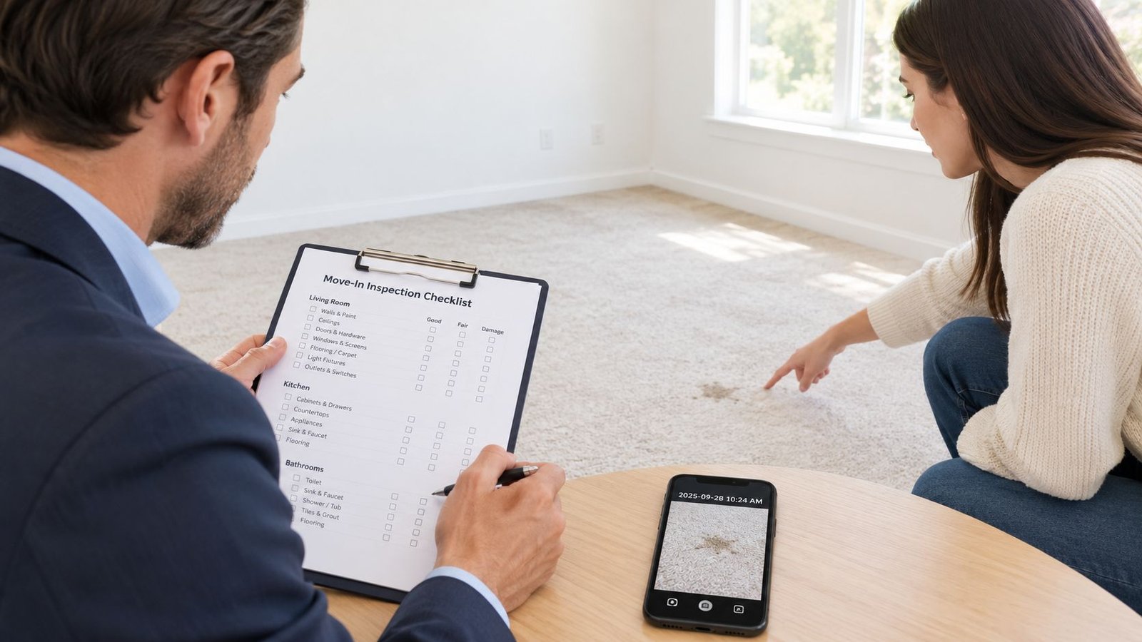 A landlord and tenant reviewing a move-in inspection checklist while documenting a carpet stain on smartphone.
