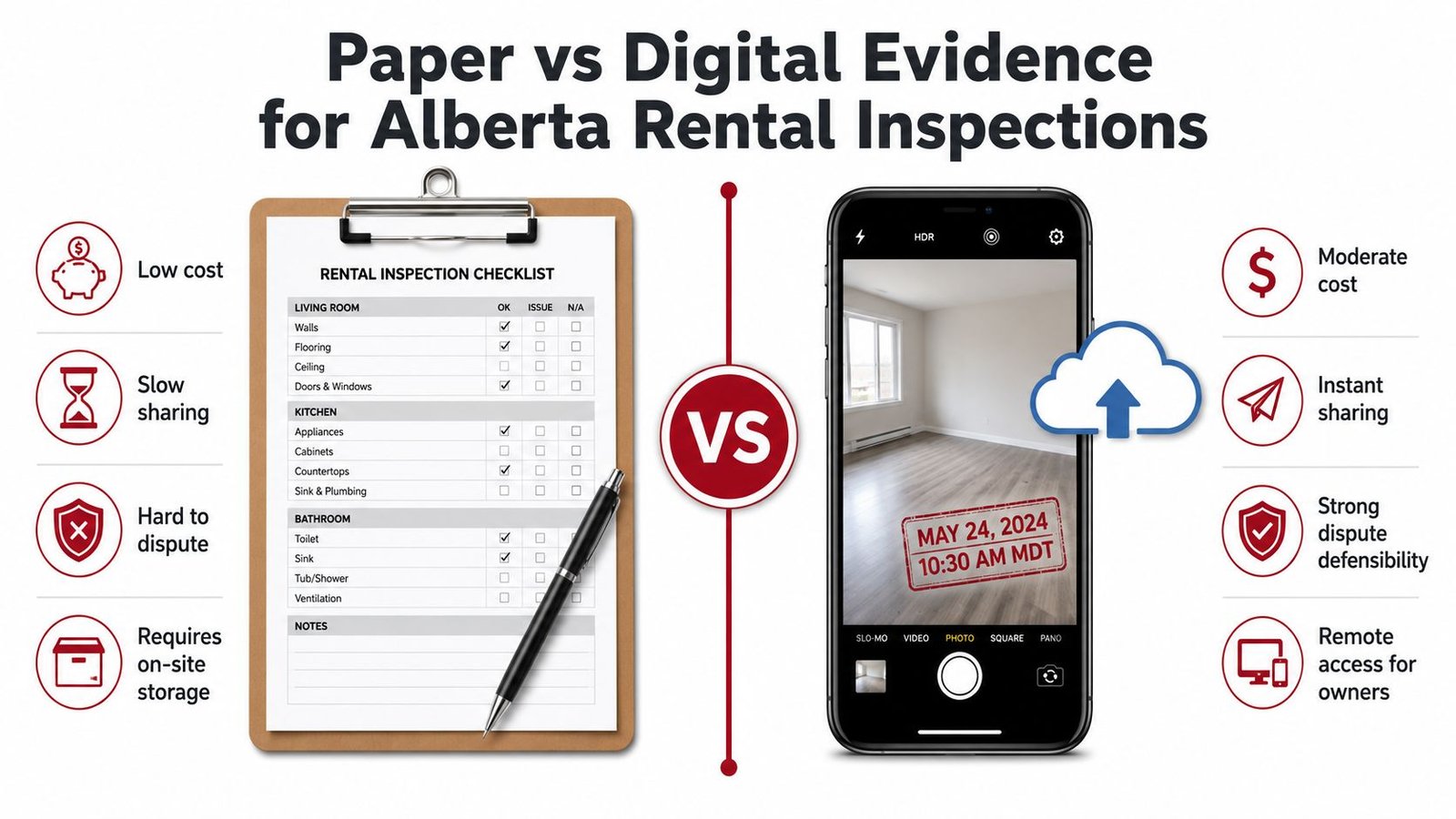 A comparison infographic between traditional paper checklists and digital photo evidence for Alberta rental inspections.