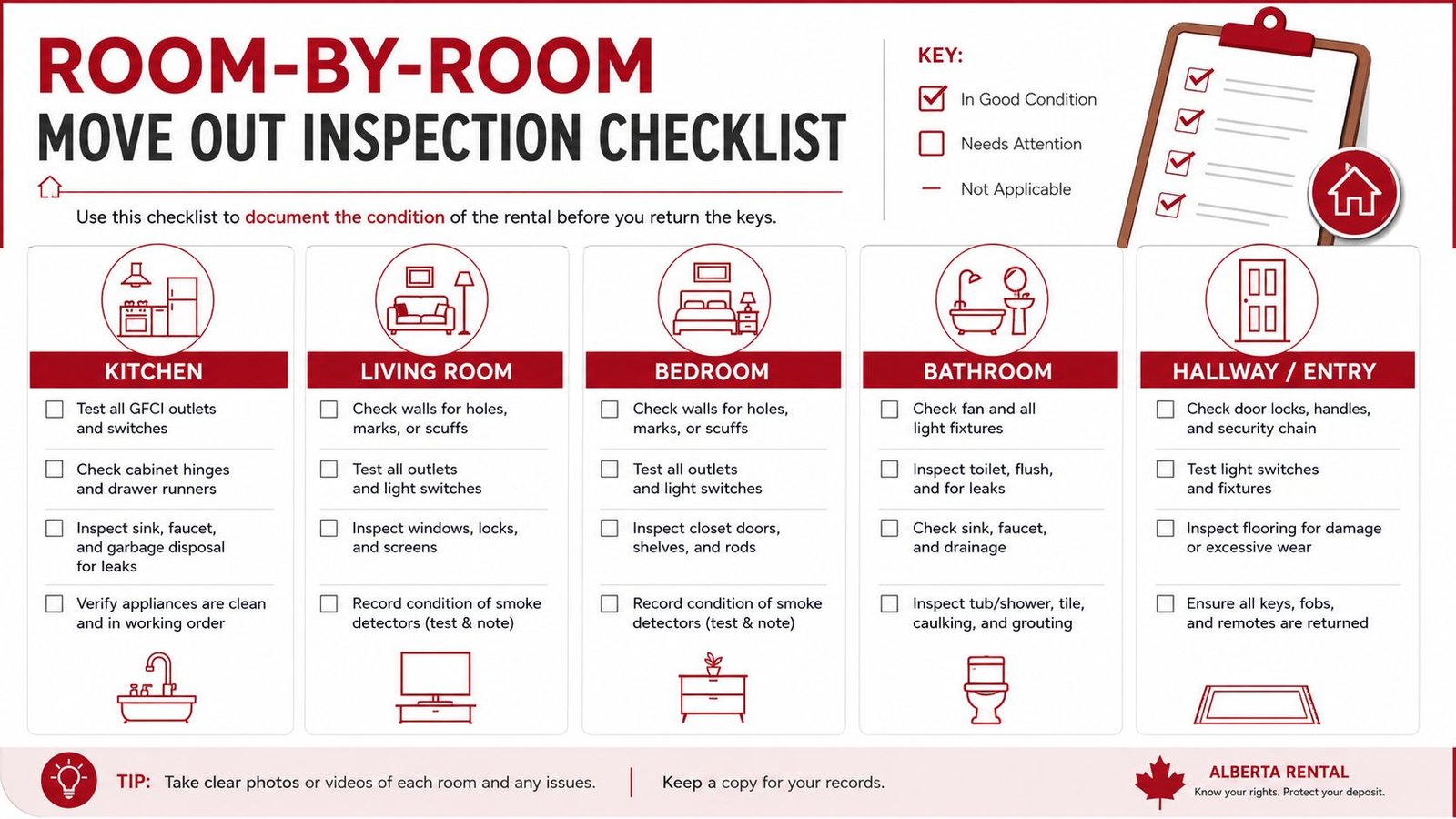 A detailed Room-by-Room Move Out Inspection Checklist for tenants, categorizing tasks for various rooms in a rental property.