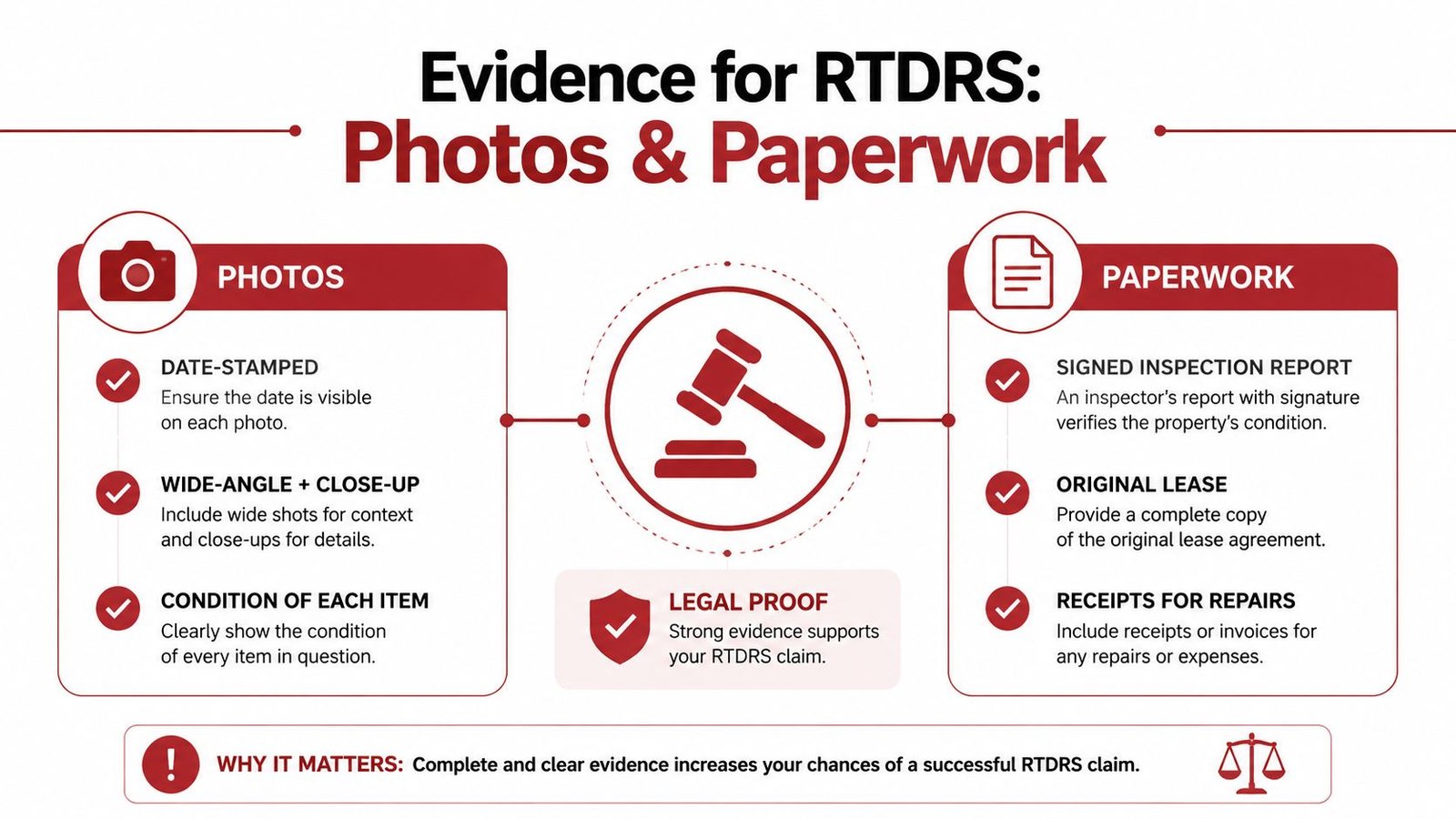 An infographic titled Evidence for RTDRS explaining necessary photo and paperwork documentation for rental dispute claims.
