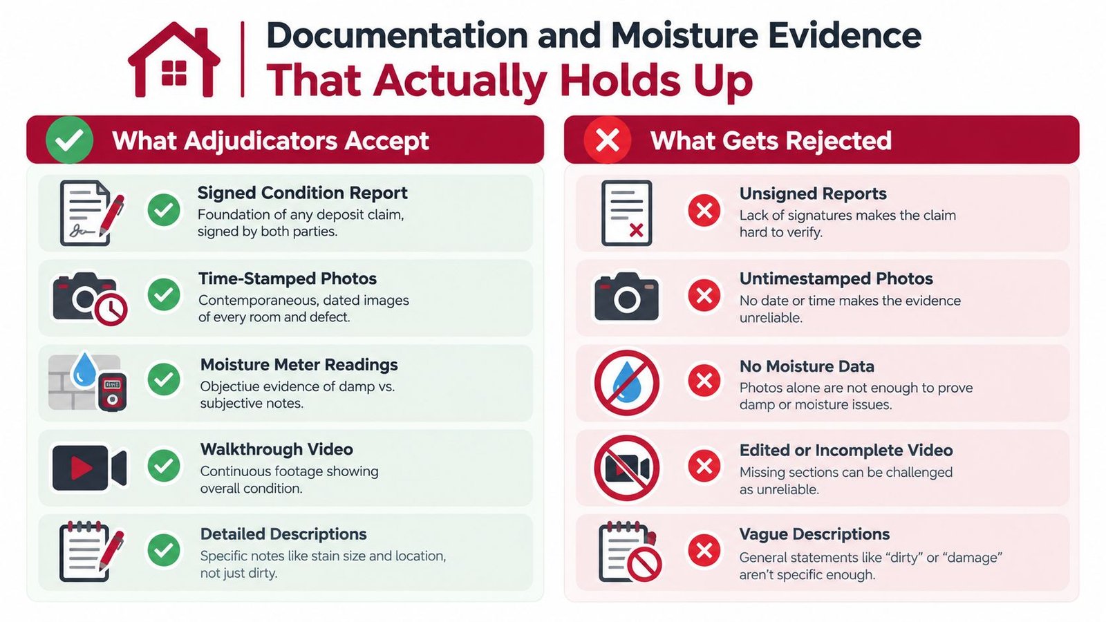 An infographic comparing accepted and rejected documentation and moisture evidence types for property rental deposit claims.