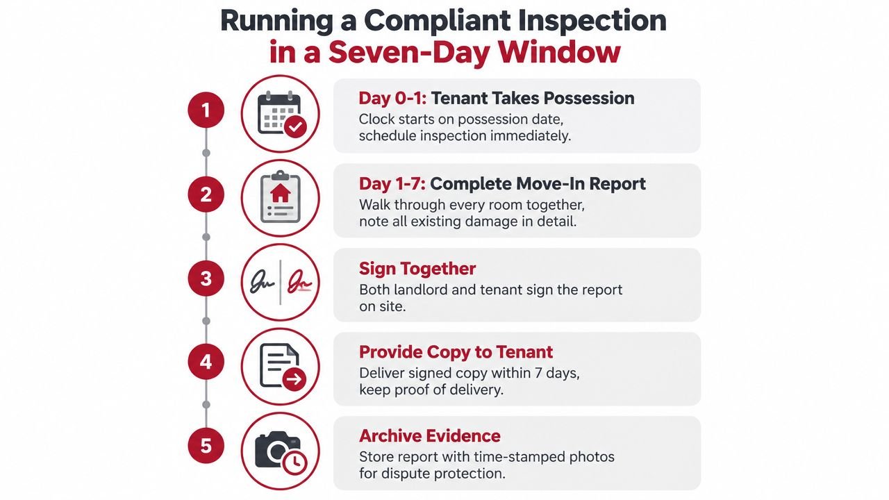 A five-step instructional guide on how to conduct a compliant rental property move-in inspection within seven days.