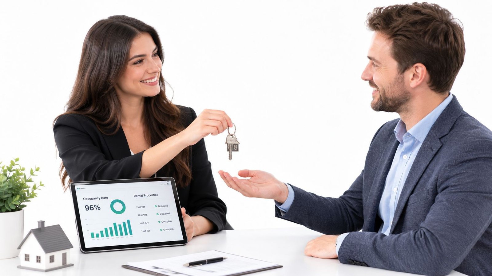 A professional real estate agent handing keys to a client while showing occupancy data on a tablet.