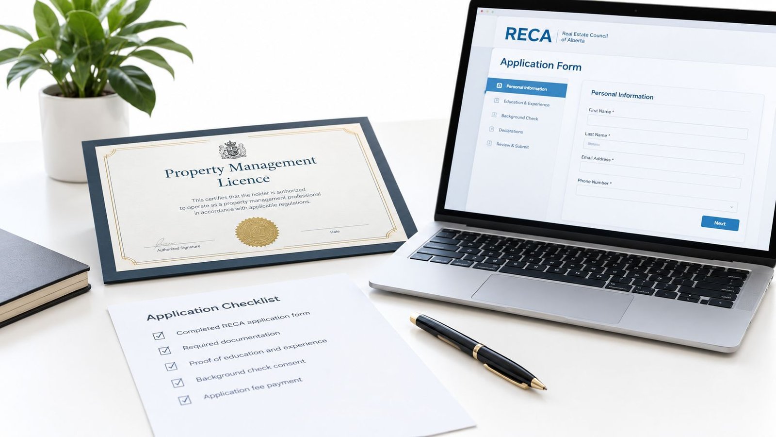 A property management license certificate displayed next to an application form on a laptop screen.