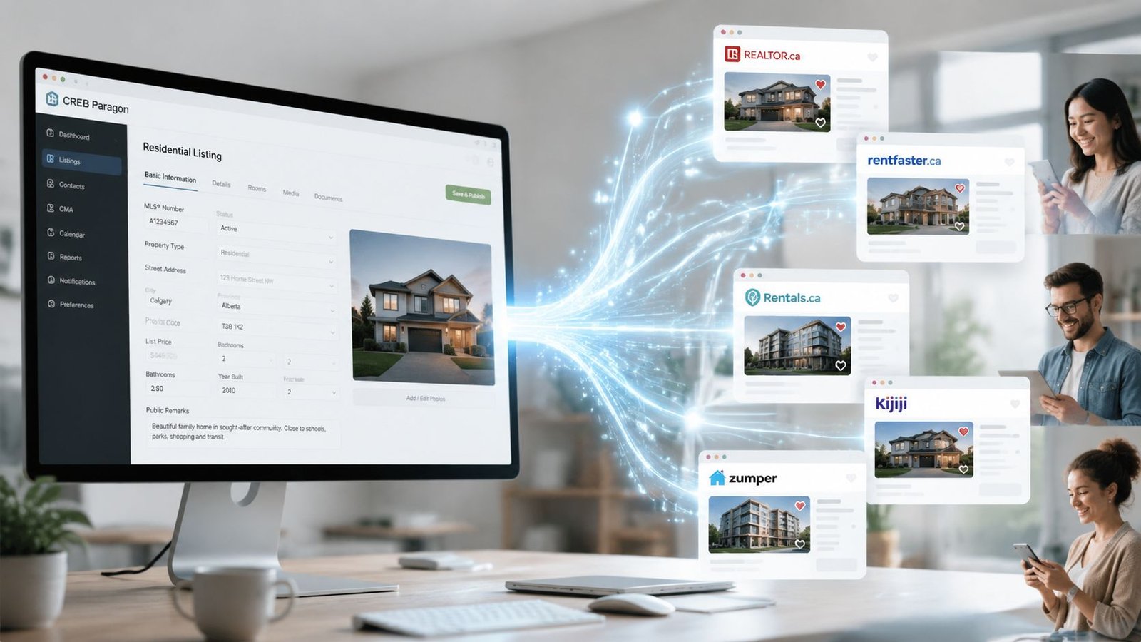 A digital graphic showing a real estate listing system syncing property data to multiple rental and property websites.