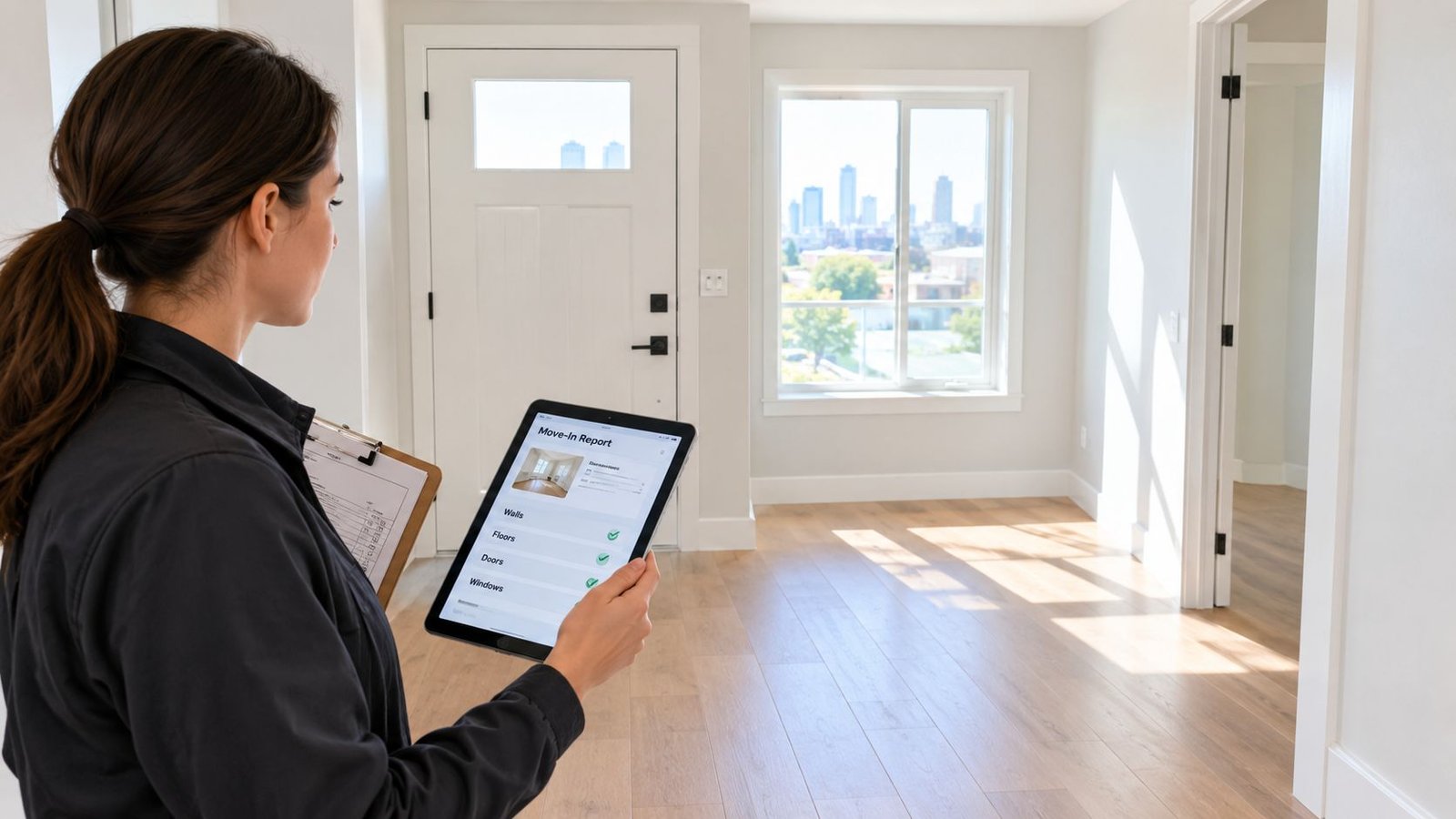 A property manager holding a digital tablet conducting a residential move-in report inside an empty apartment unit.