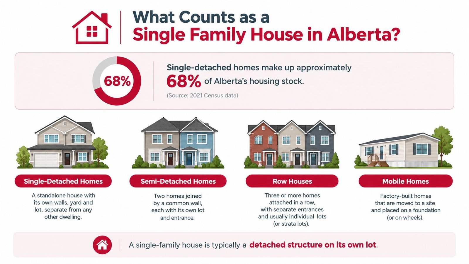 An infographic showing types of single family houses in Alberta including detached, semi-detached, row, and mobile homes.