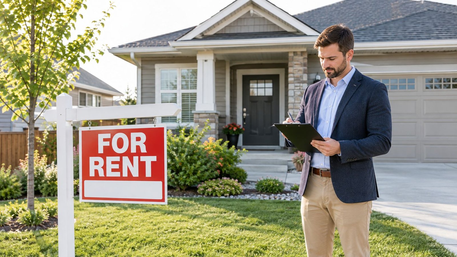 A professional real estate agent standing in front of a suburban house with a for rent sign.