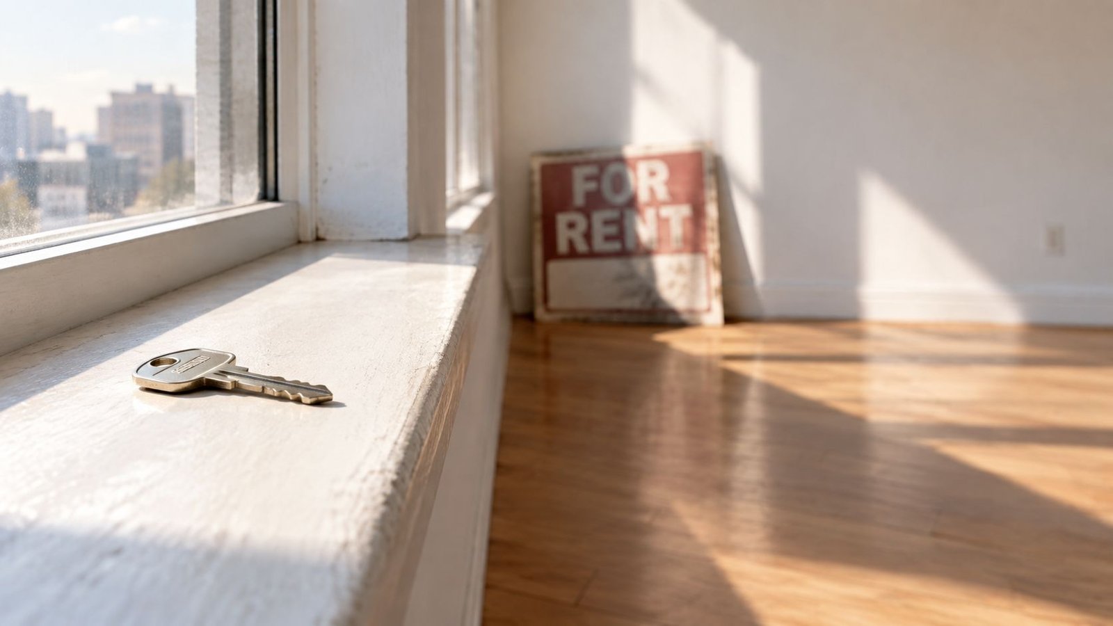 A single metal key lying on a sunlit windowsill in an empty room with a for rent sign