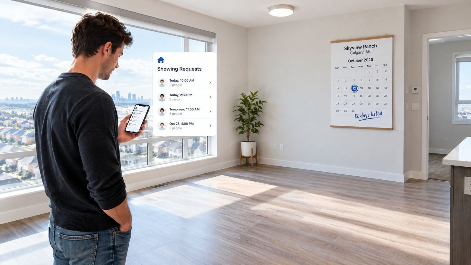 A man using a smartphone to manage real estate showing requests in a bright, modern apartment.