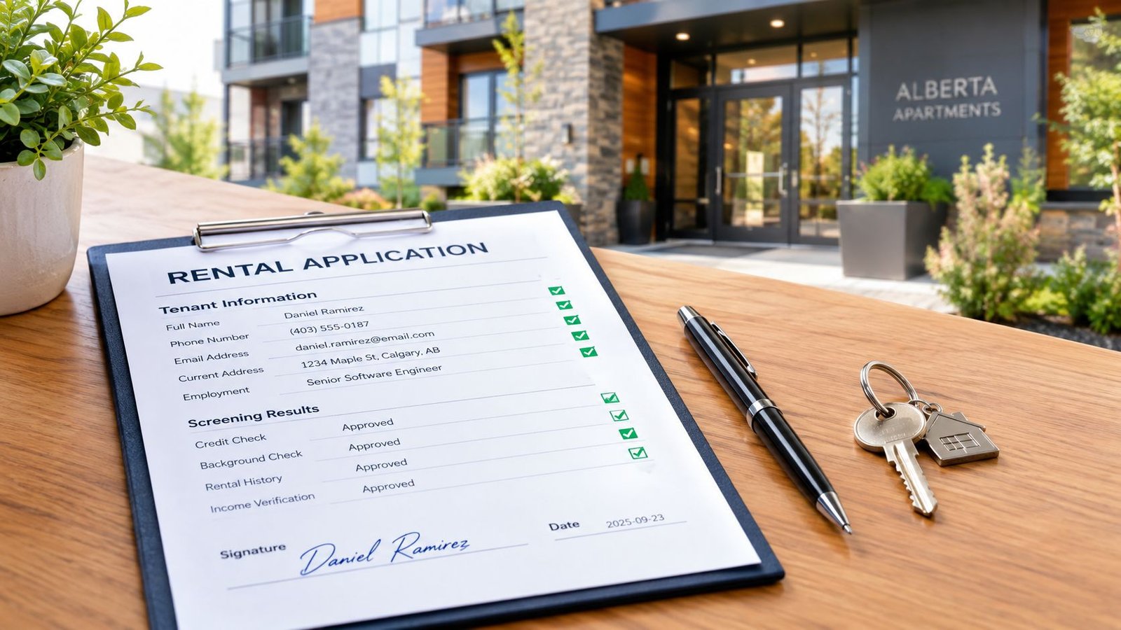 A rental application form for Alberta Apartments on a wooden table with a pen and keys.