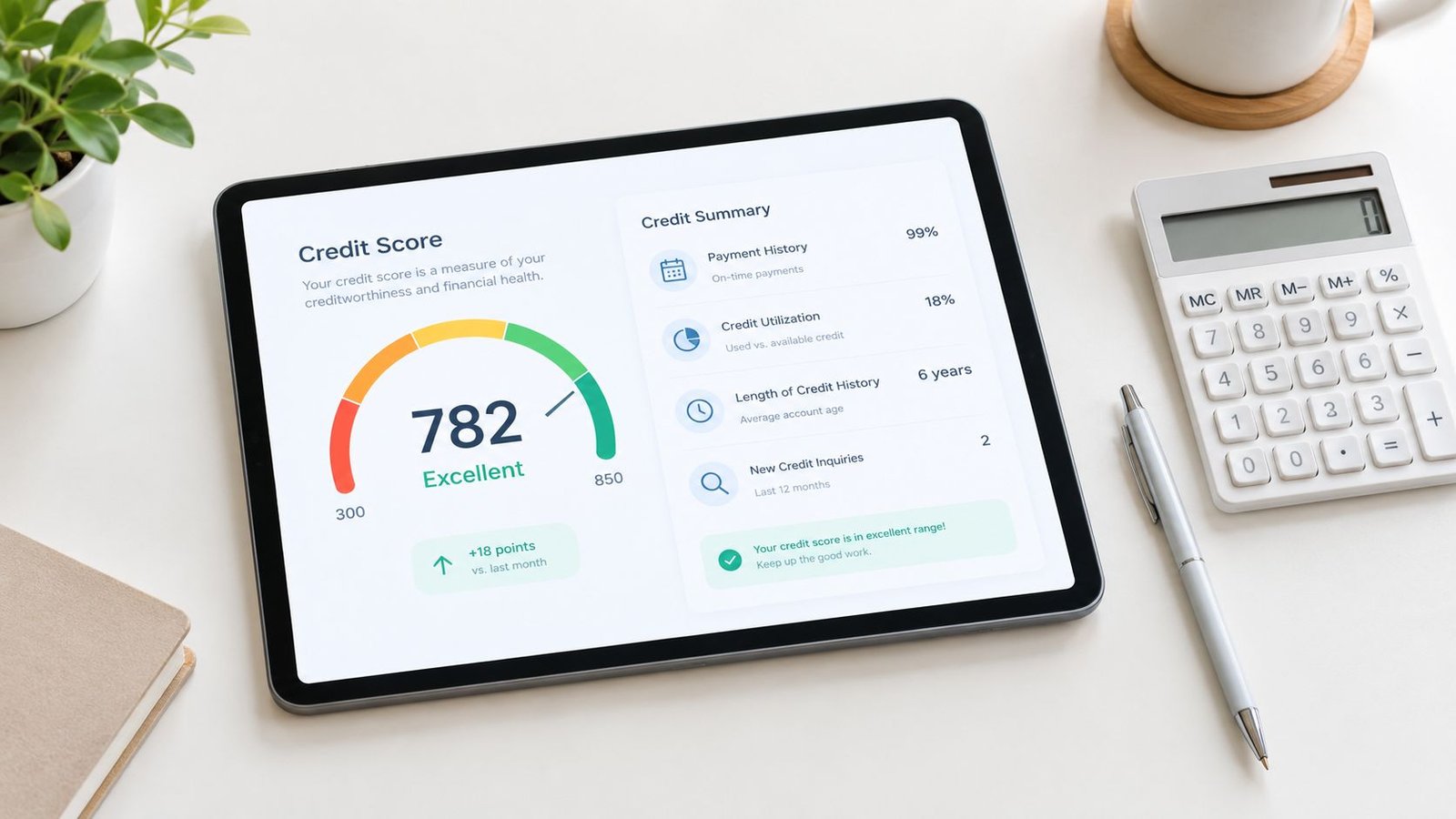 A tablet showing an excellent credit score of 782 with financial summary on a clean white desk.